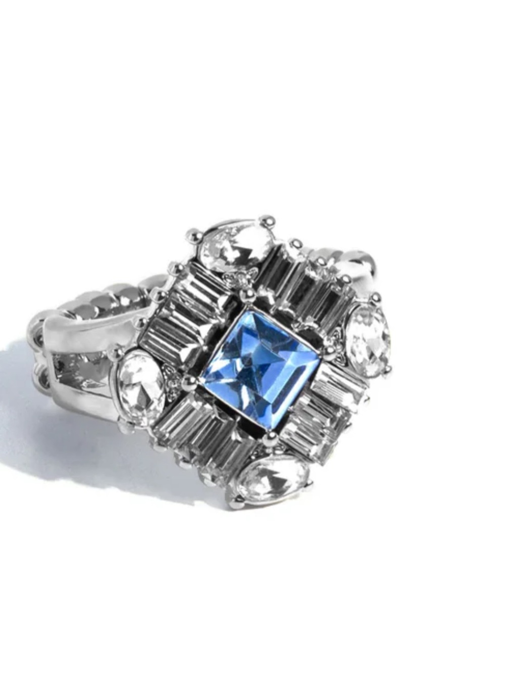 Square Blue Center Gem Fashion Ring -  paparazzi elastic around the finger band